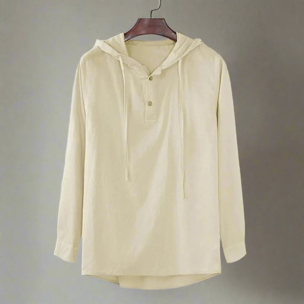 Men's Baggy Cotton Linen Solid Button Long Sleeve Hooded Shirts