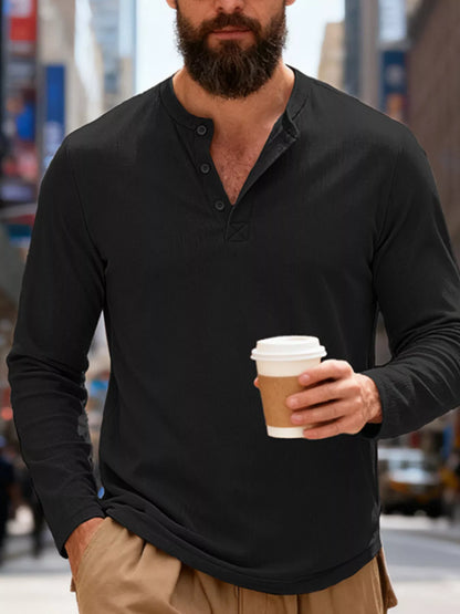 Men's Full Size Casual Long Sleeve Henley T-Shirt Plus Size - Black -