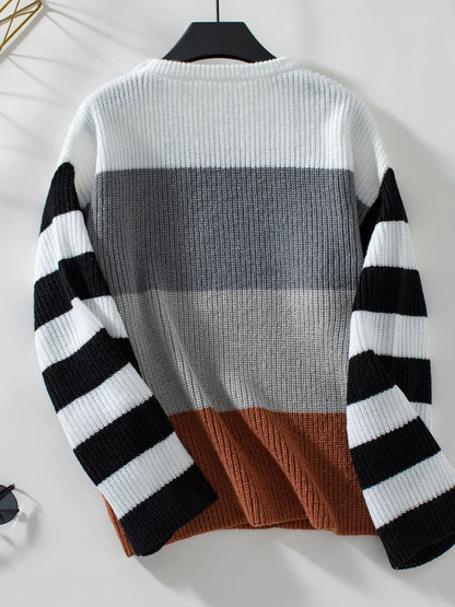 Color Block Round Neck Long Sleeve Sweater - -