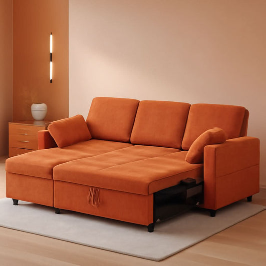 84 Inches Bright Orange Chenille Pullout Sofa Bed USB Port - - Sleeper