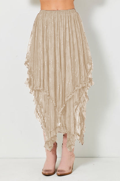 Apricot Lace Cascading Tiered High Waist Maxi Skirt - - Bottoms/Skirts & Petticoat