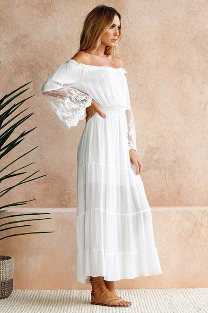 White Off-the-Shoulder Lace Panel Dress - - dress
