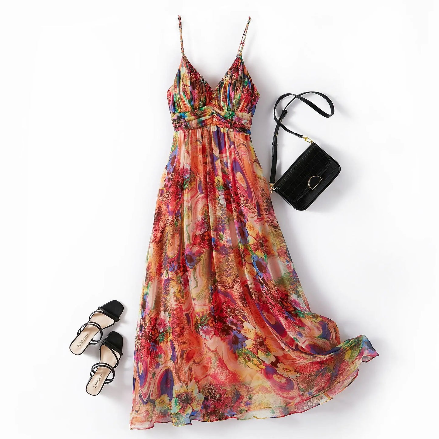 100% Pure Silk Dress Floral Print Spaghetti Strap Sleeveless Midi Dress