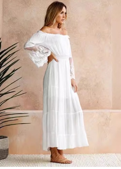 Lace-Trimmed Off-Shoulder Dress for Women - - dress