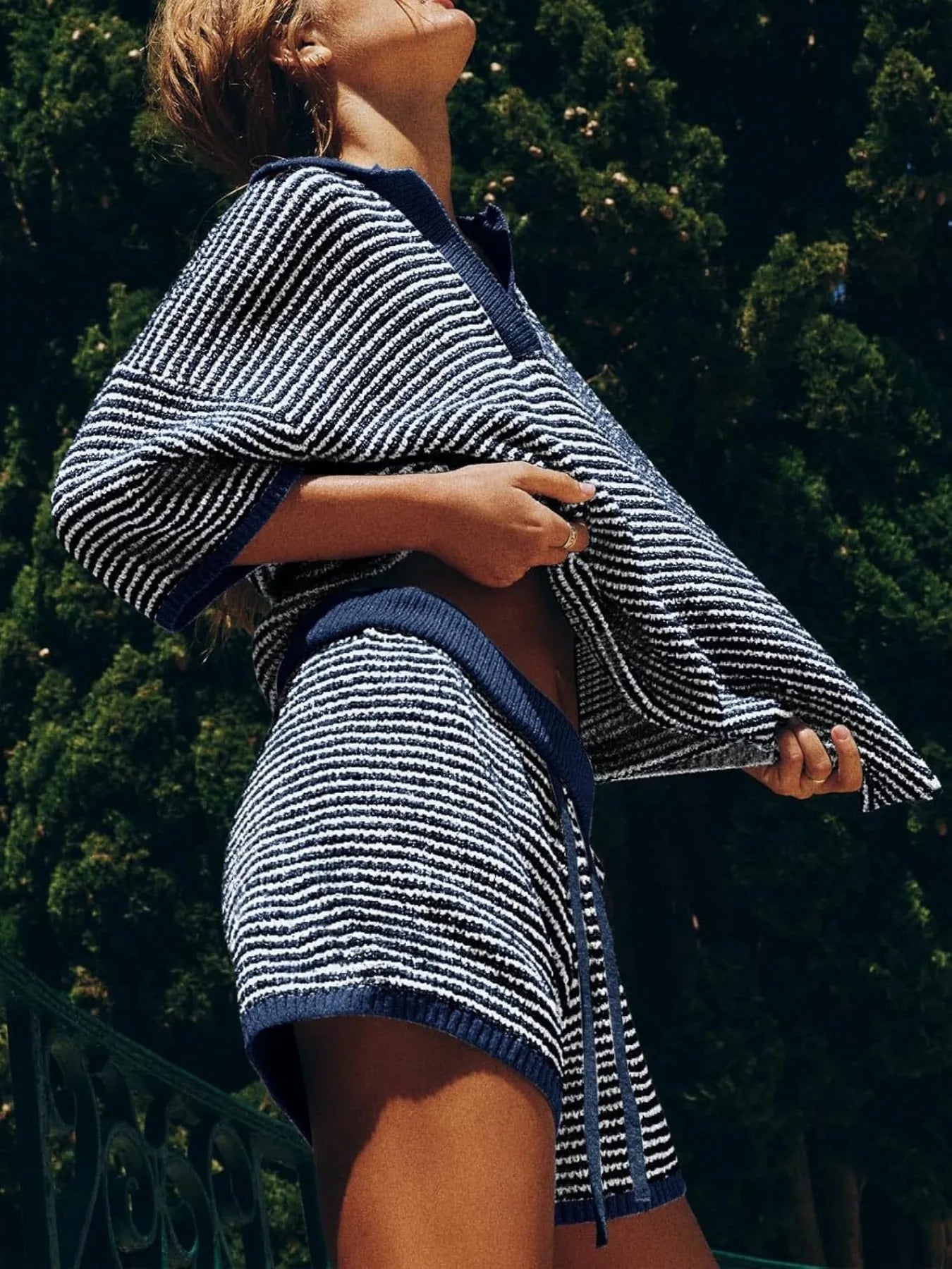 Collared Neck Contrast Striped Top and Shorts Sweater Set- Shopimist- {{Product type}}