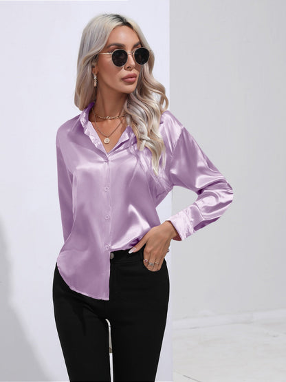 Collared Neck Buttoned Long Sleeve Shirt - -