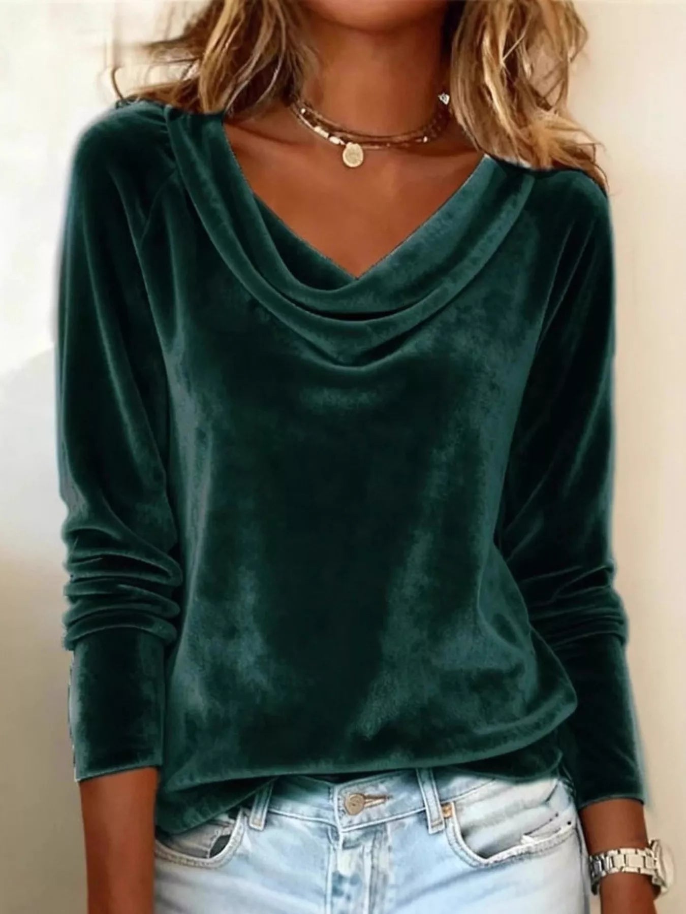 Velvet Cowl Neck Long Sleeve Shirt - - Tops/Blouses & Shirts