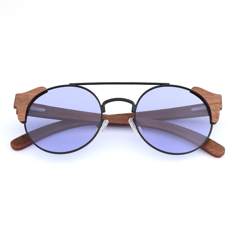 Bamboo Custom Retro Round Frame Sunglasses - Black walnut sandwich-translucent purple - sunglasses