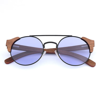 Bamboo Custom Retro Round Frame Sunglasses - Black walnut sandwich-translucent purple - sunglasses