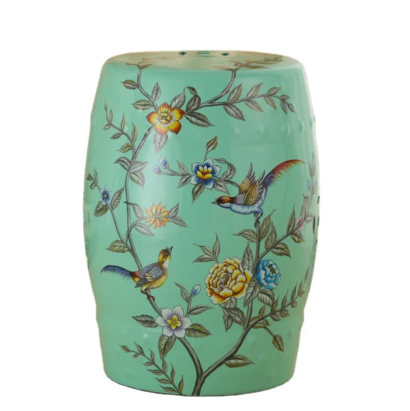 Decorative Drum Ceramic Stools Hand Painted Chinese Flower and Bird Pattern Art