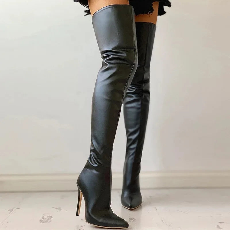 PDEP Ladies Knee High Boots Black Zip Up High Heel Boots for Women