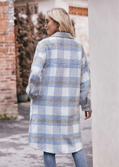 Long Jacket Women's New Pocket Plaid Long Coat Loose Mohair Long Plaid Coat