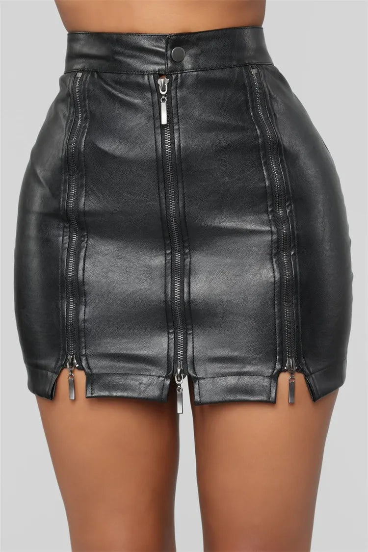 Women Pu Leather a Line Skirt Three Full Zip Pocketed Bodycon Mini Skirt