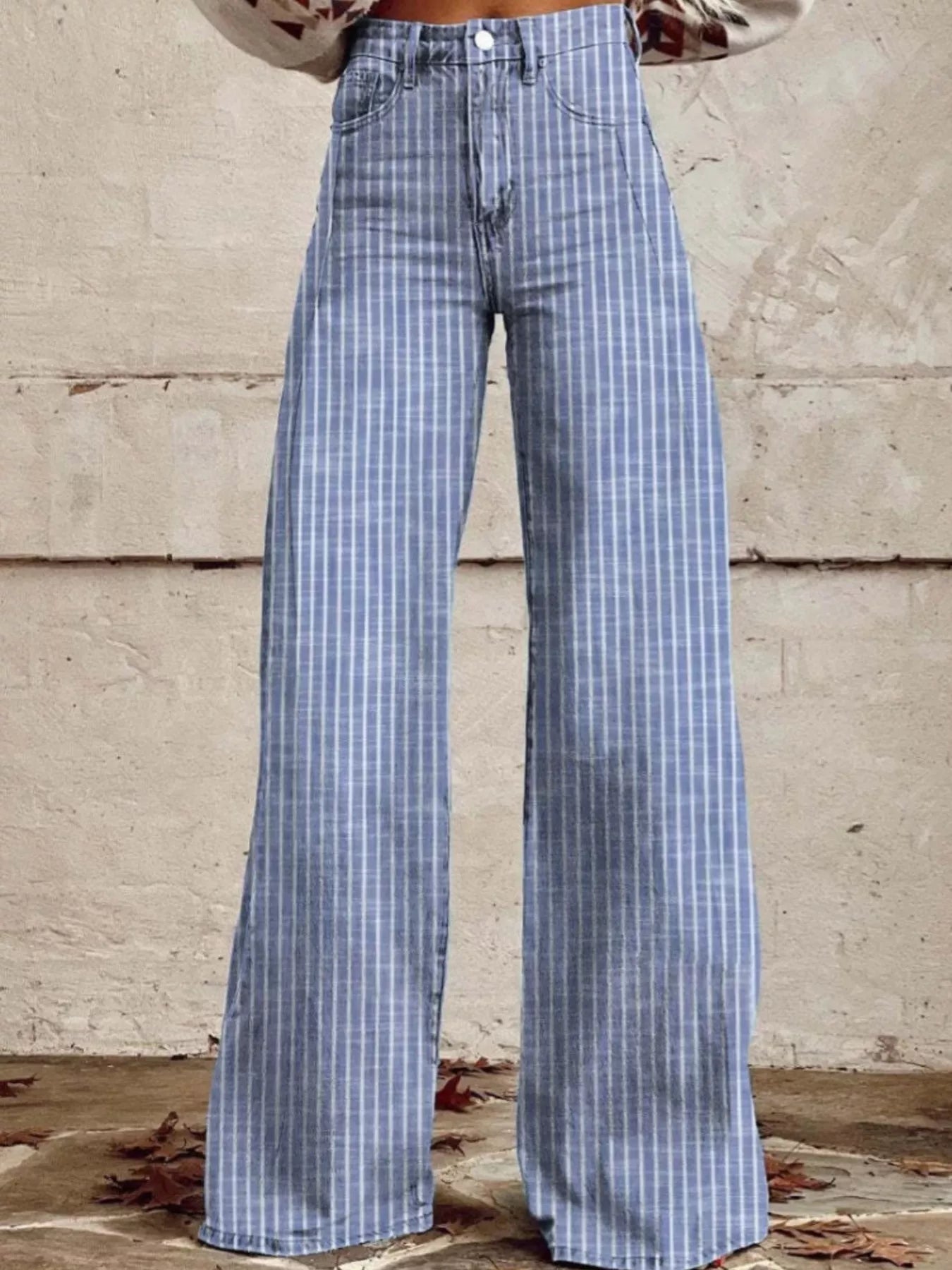 Colored Striped High-Waisted Wide Leg Jeans - Light Blue - jeans