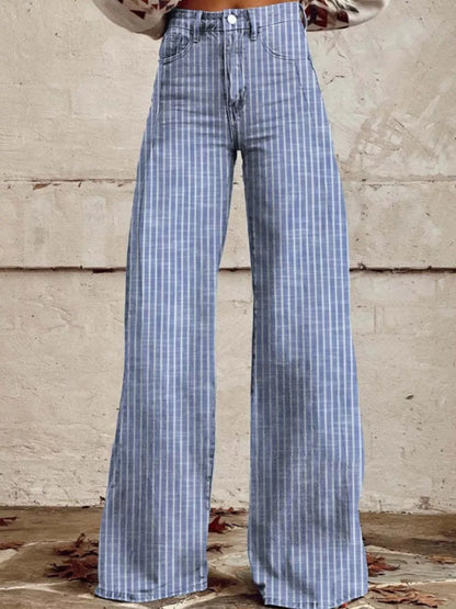 Colored Striped High-Waisted Wide Leg Jeans - Light Blue - jeans