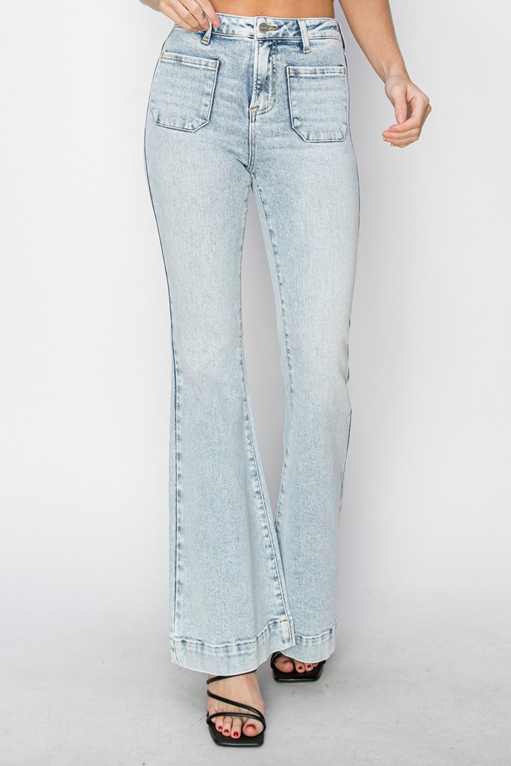 Risen Patch Pocket Flared Leg Light Blue Washed Denim Jeans - - jeans