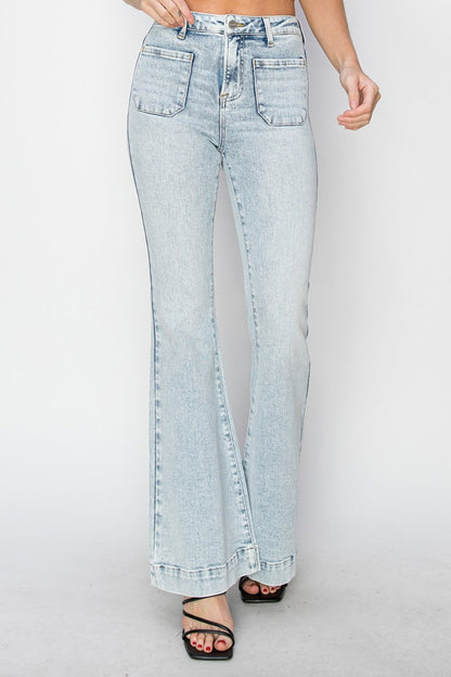Risen Patch Pocket Flared Leg Light Blue Washed Denim Jeans - - jeans