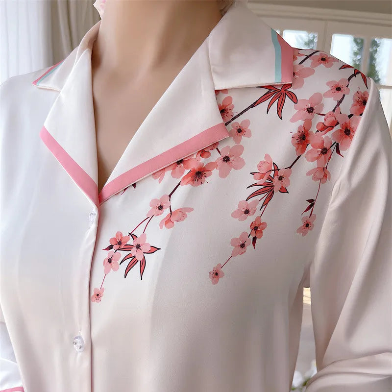 Women's Silk Pajamas Lapel Satin Sleepwear Long Sleeve Lady Night Wear