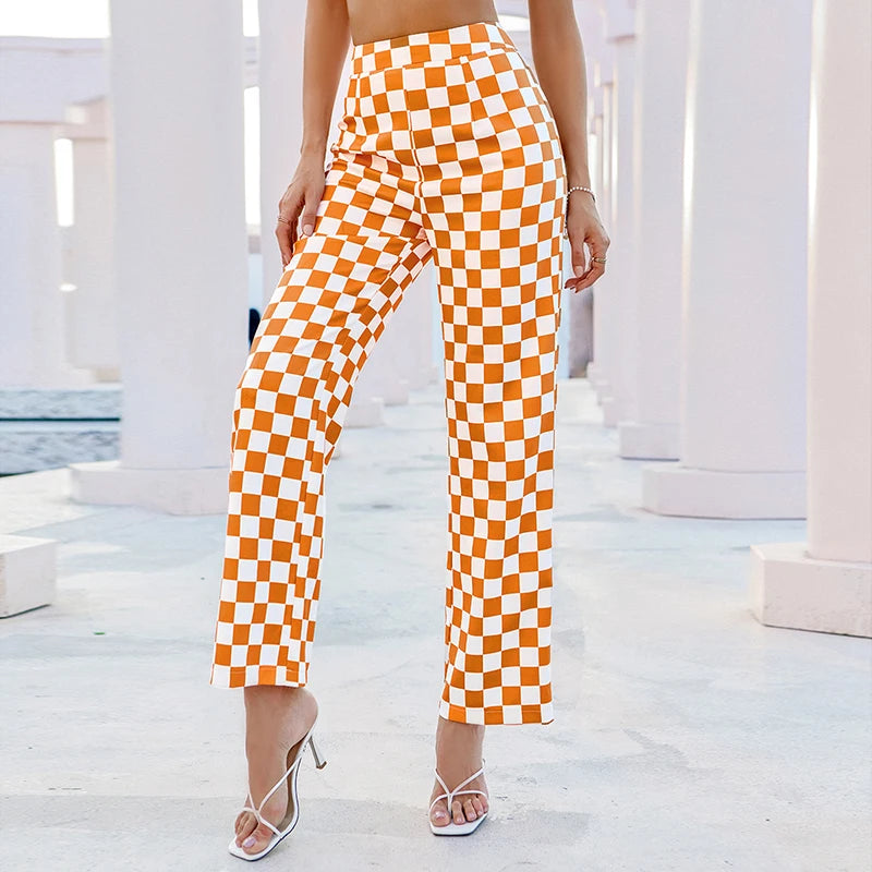 Women Double Crazy Checked Print Casual Pants