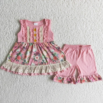 Flower Summer Pocket Ruffle Top and Shorts Set light pink