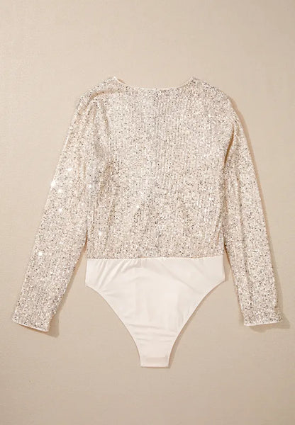 Sequin Surplice Long Sleeve Bodysuit - -