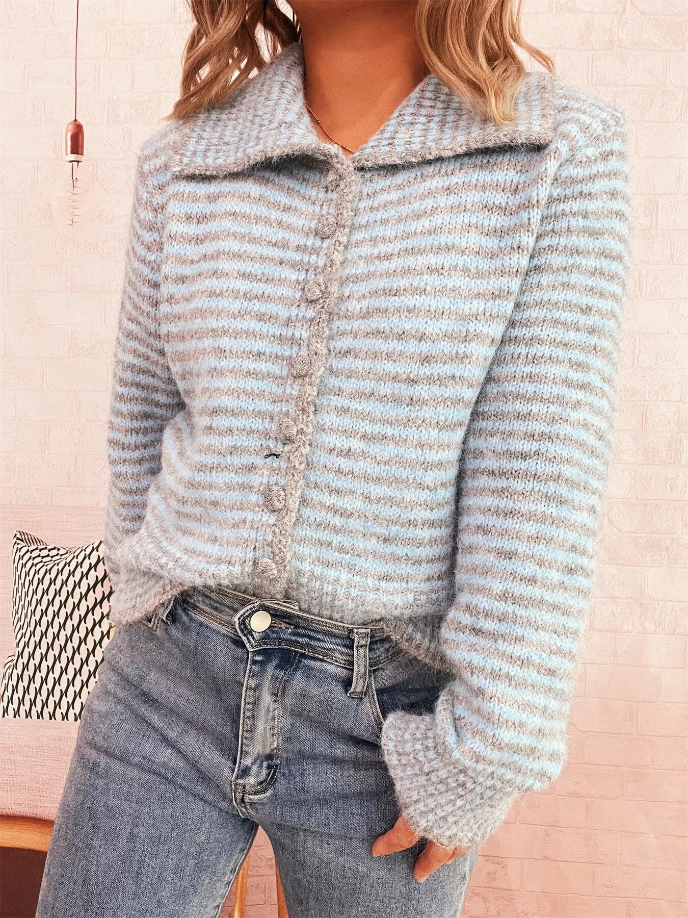 Striped Button-Up Long Sleeve Cardigan - -