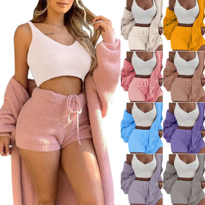 Pajama Sets Three Piece Sleepwear Womens Fluffy Warm Pajamas Short Set