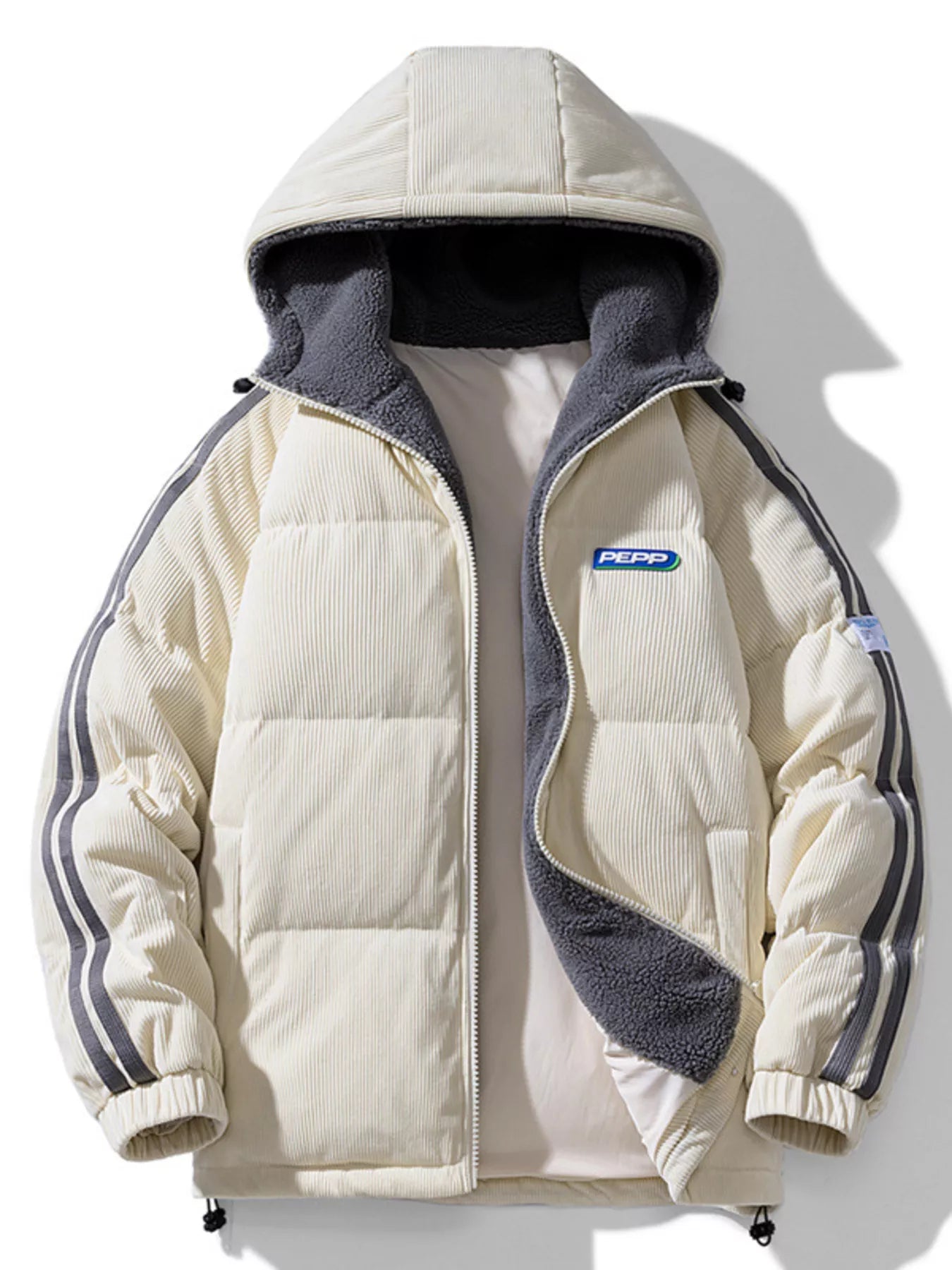 Men's Plus Size Hooded Zip Up Padded Jacket - Beige -