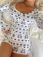 Printed Long Sleeve Romper - Gray white -