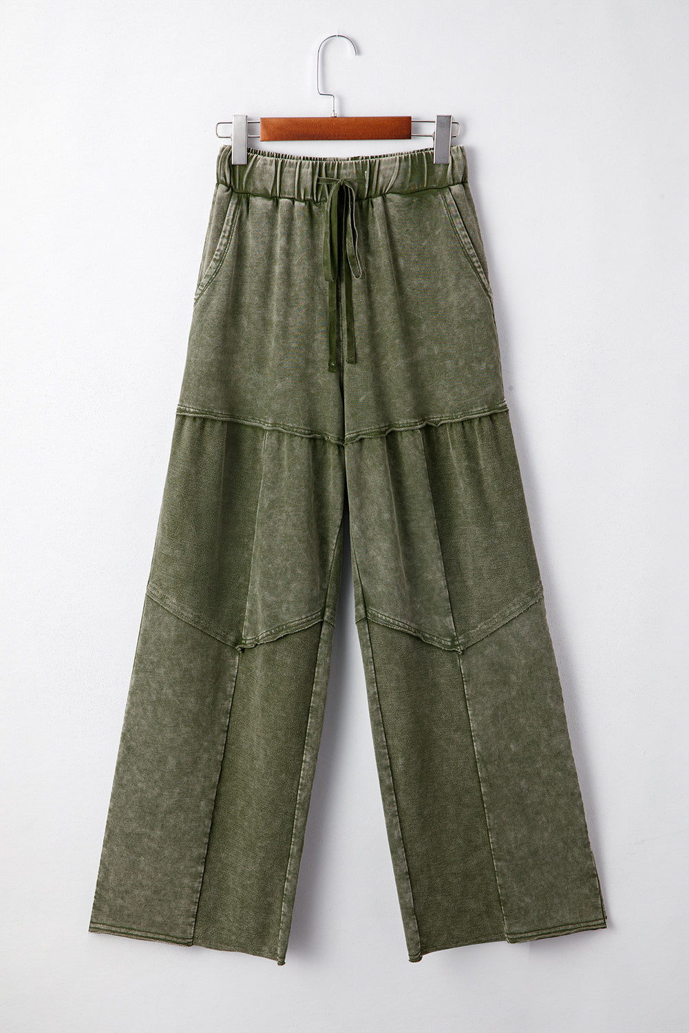 Vineyard Green Mineral Wash Tiered Wide Leg Patchwork Drawstring Pants - - Bottoms/Pants & Culotte
