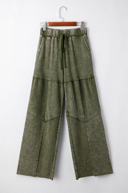 Vineyard Green Mineral Wash Tiered Wide Leg Patchwork Drawstring Pants - - Bottoms/Pants & Culotte