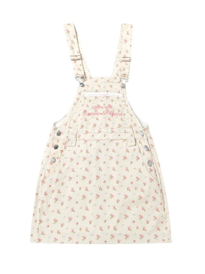 Floral Print Square Neck Overall Dress - Beige -