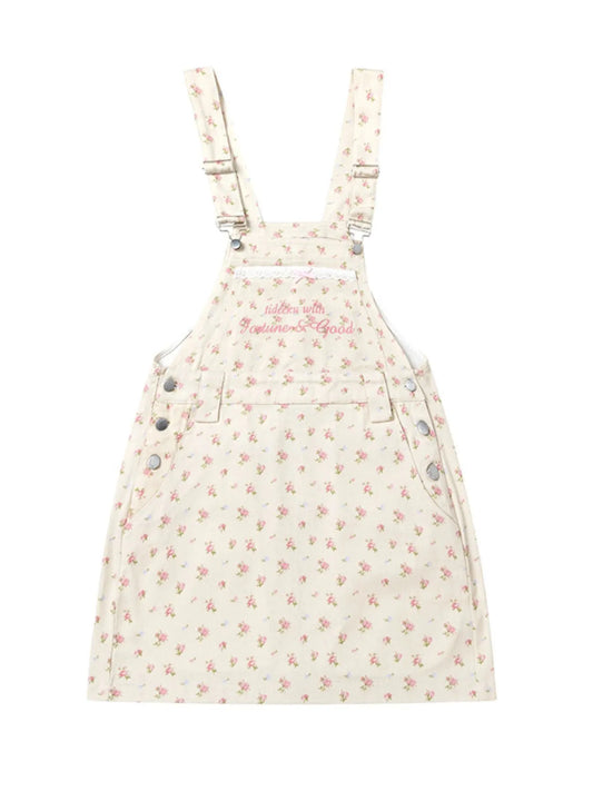 Floral Print Square Neck Overall Dress - Beige -