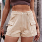 High-Waist Denim Shorts with Pockets - Tan -