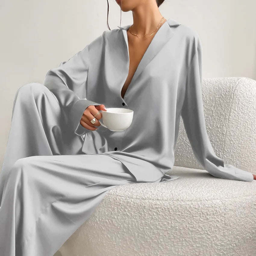 Oversized Satin Low Cut Pajama Single-Breasted Long Sleeve Wide Leg Pants