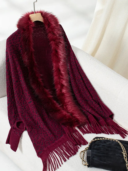 Fringe Leopard Open Front Long Sleeve Poncho - Burgundy One Size -