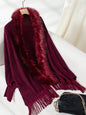 Fringe Leopard Open Front Long Sleeve Poncho - Burgundy One Size -