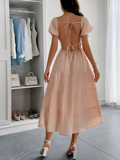 Backless Tiered Puff Sleeve Midi Dress - -