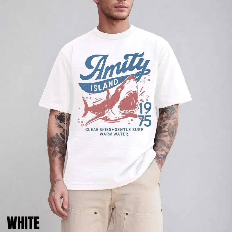 Jaws Amity Island 1975 T-Shirt – Retro Movie Inspired Graphic Tee, Remastered Heavy Cotton Film Buff Top, Soft Lived-In Vintage Summer Beach Shirt, Made in USA - - T-Shirt