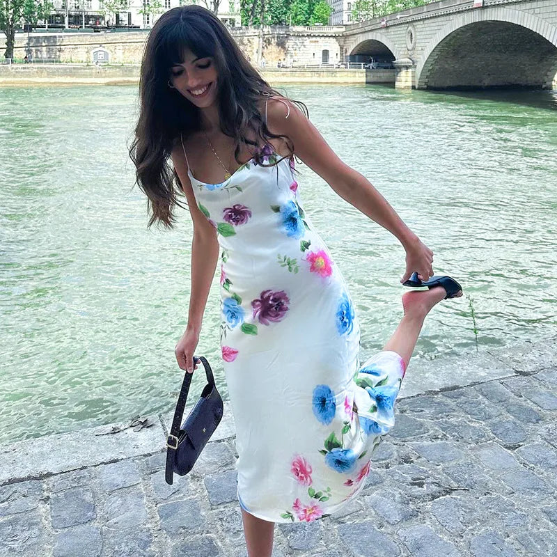 Summer Flower Print Strap Long Dress Women