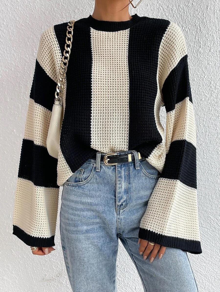 Oversize Knitted Casual Color Blocking Design Women Knitted Pullover Sweater