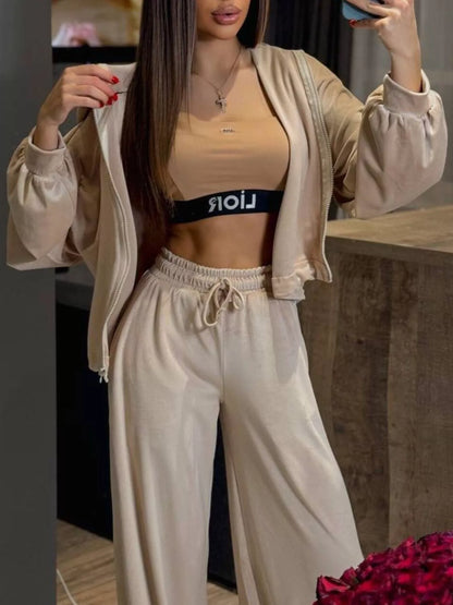 Zip Up Cropped Outerwear and Pants Set - -