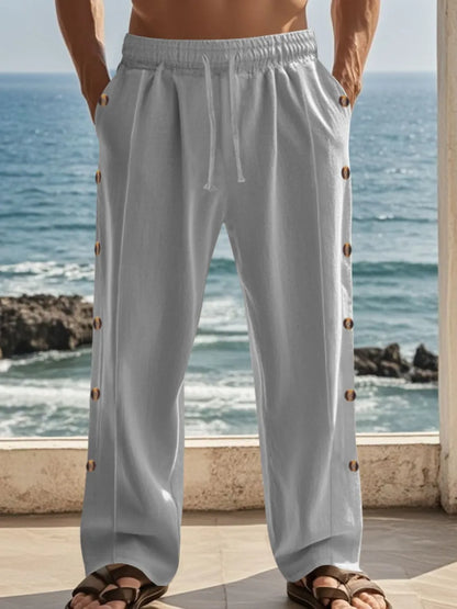 Men's Full Size Side Button Wide Leg Pants Plus Size - Gray -