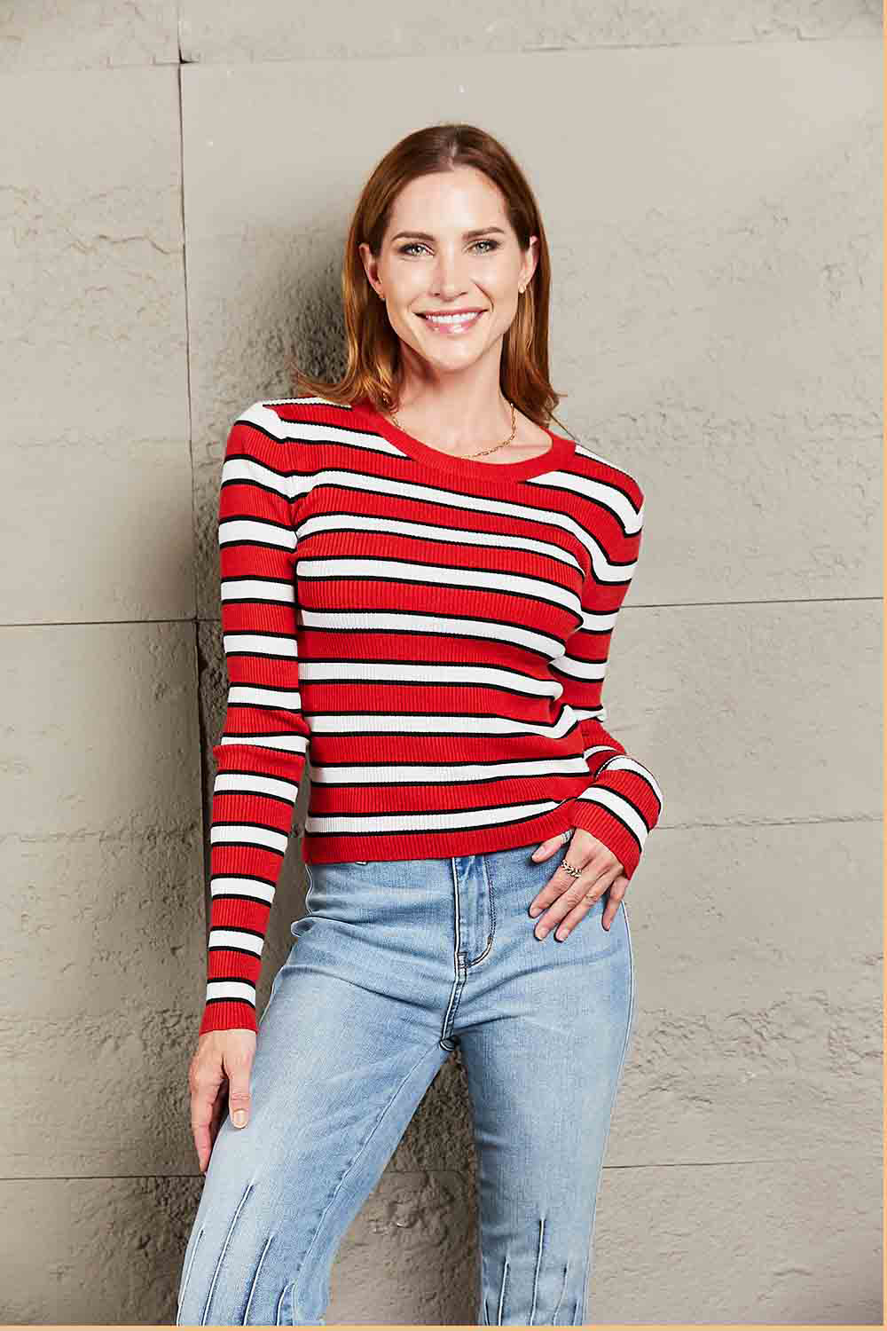 Striped Round Neck Long Sleeve Top - Stripe -