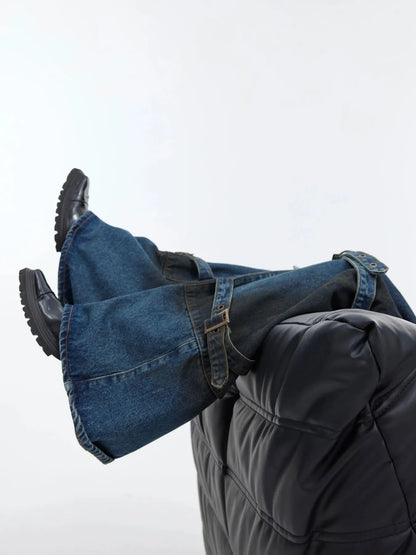 Men's Plus Size Buckle Strap Washed Flare Jeans - -