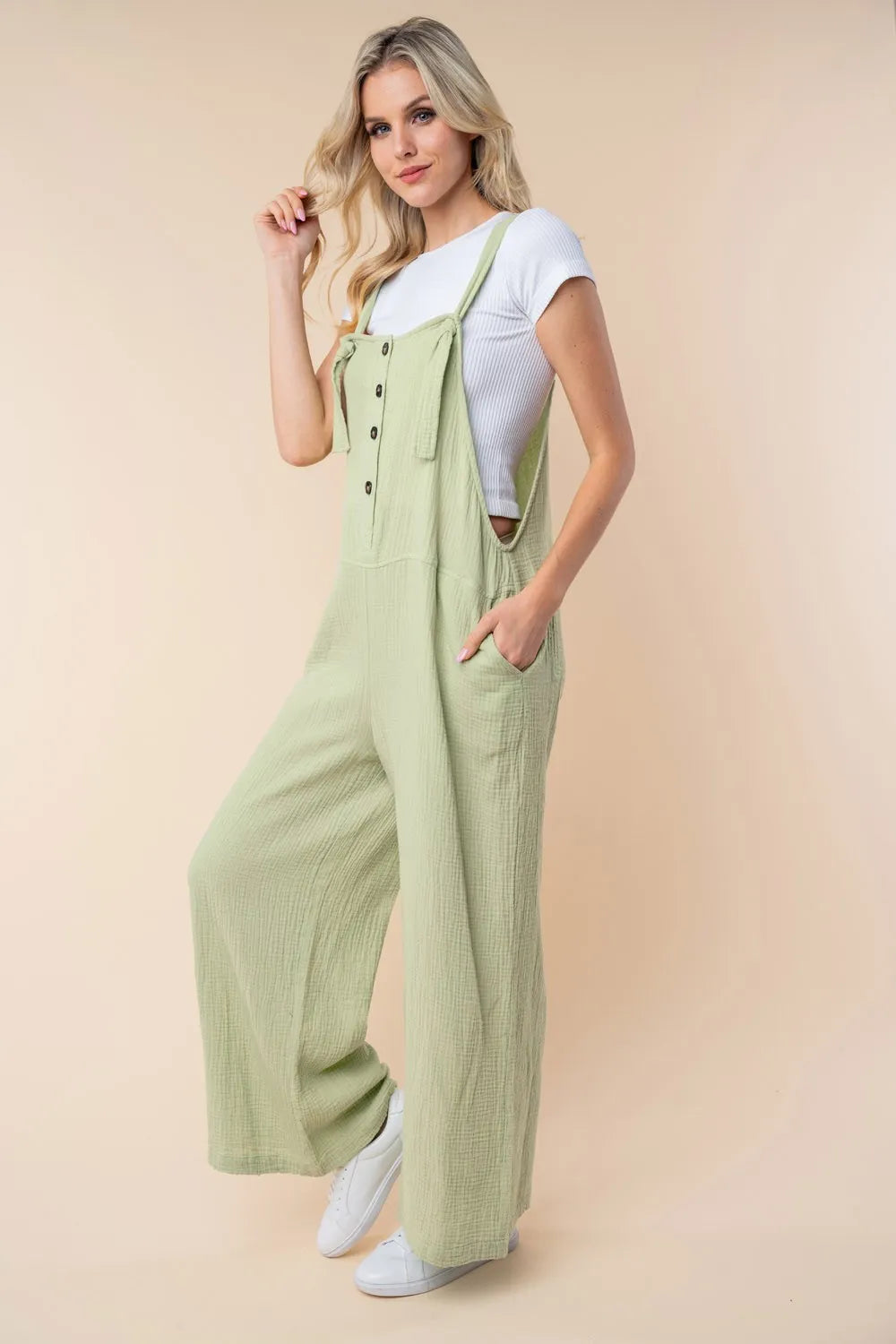 White Birch Texture Sleeveless Wide Leg Jumpsuit - -
