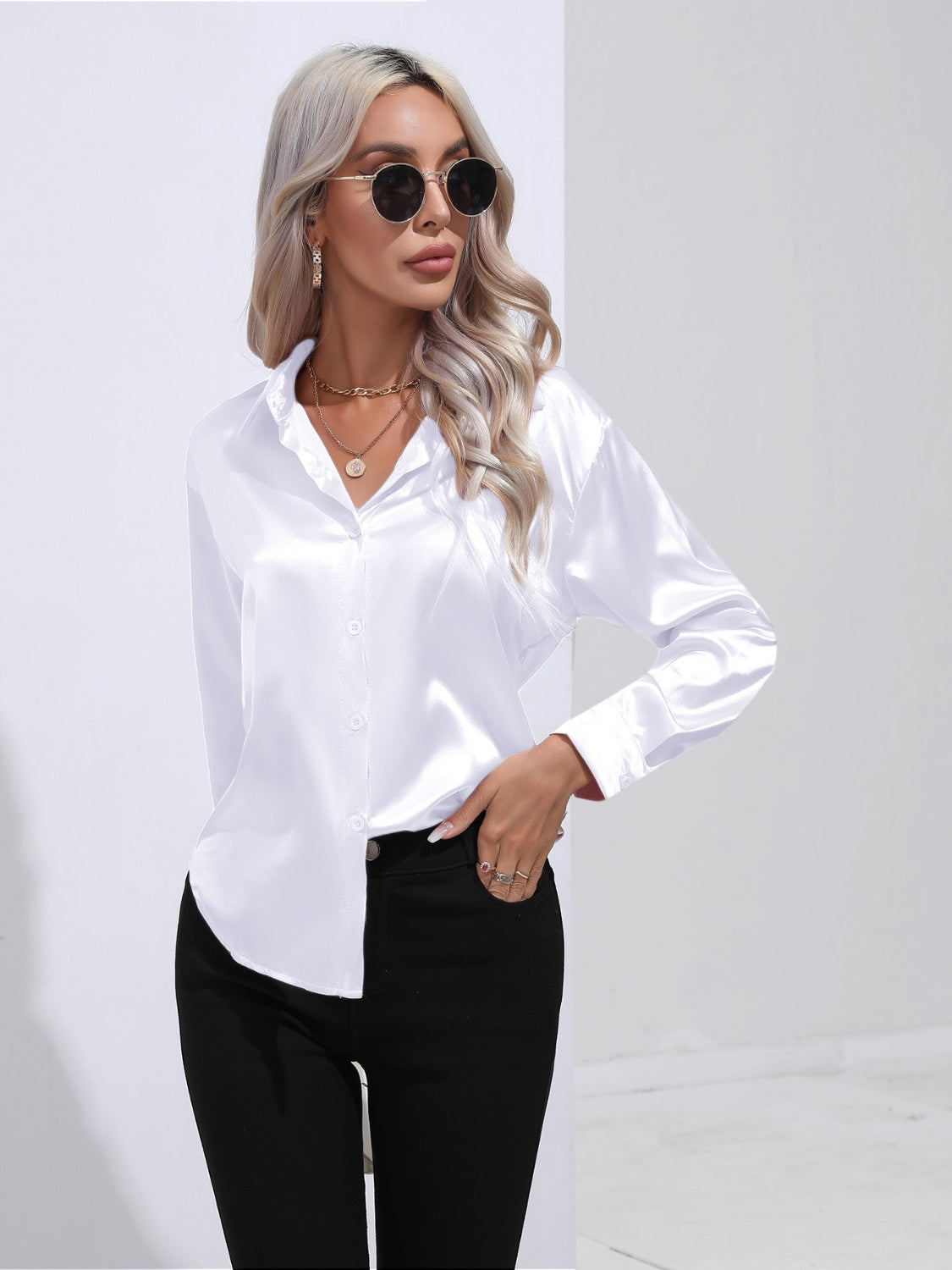 Collared Neck Buttoned Long Sleeve Shirt - -