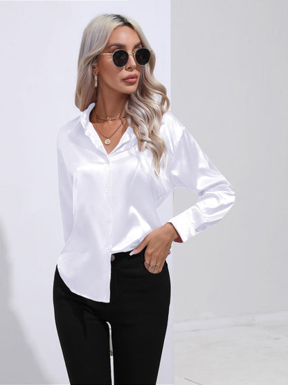 Collared Neck Buttoned Long Sleeve Shirt - -