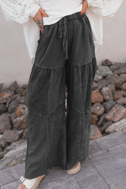 Black Mineral Wash Tiered Wide Leg Patchwork Drawstring Pants - Black 85%Cotton+15%Polyester - Bottoms/Pants & Culotte