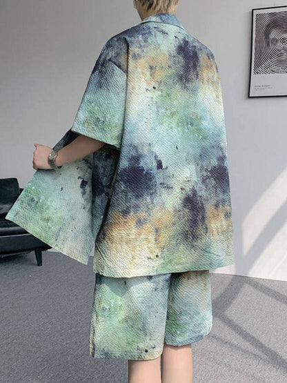 Men's Plus Size Tie-Dye Print Shirt and Shorts Set - -